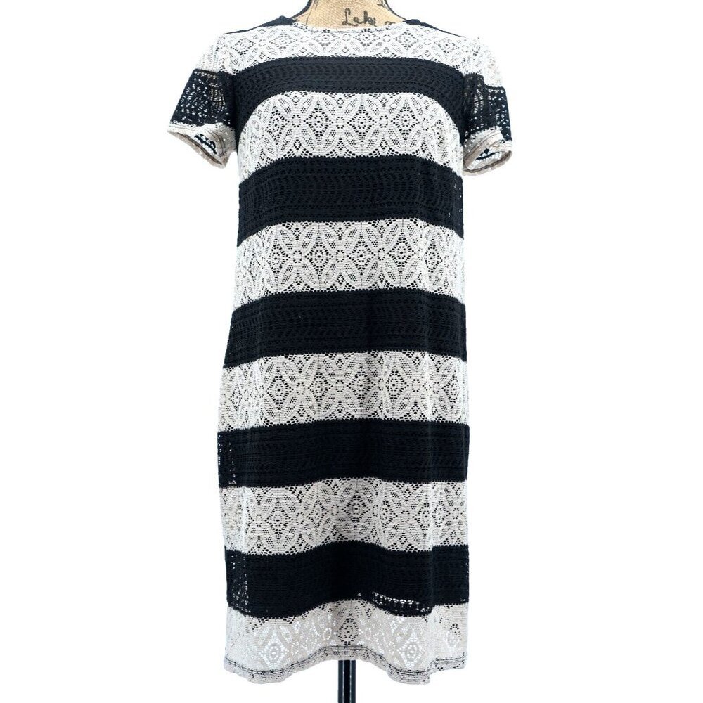 Maggy London Dress Women 8 Black White Striped Knit Lined Zipper Closure